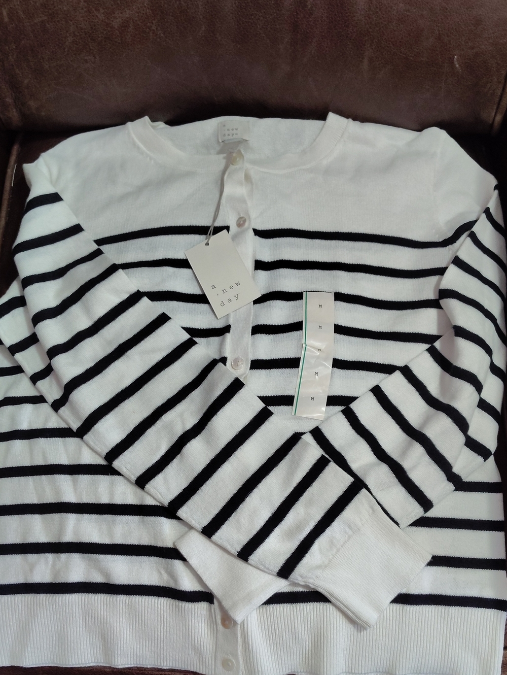 a new day Black & White Striped Button Cardigan $45